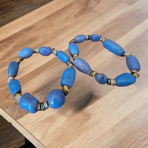 Blue Beads with Silver, Gold and Brass Spacers Set of 2 Bracelets   New - Picture 2 of 3